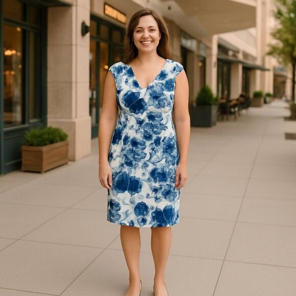 Connected Apparel Dress Size 10 Lined, White and Blue Floral Print - Picture 1 of 6